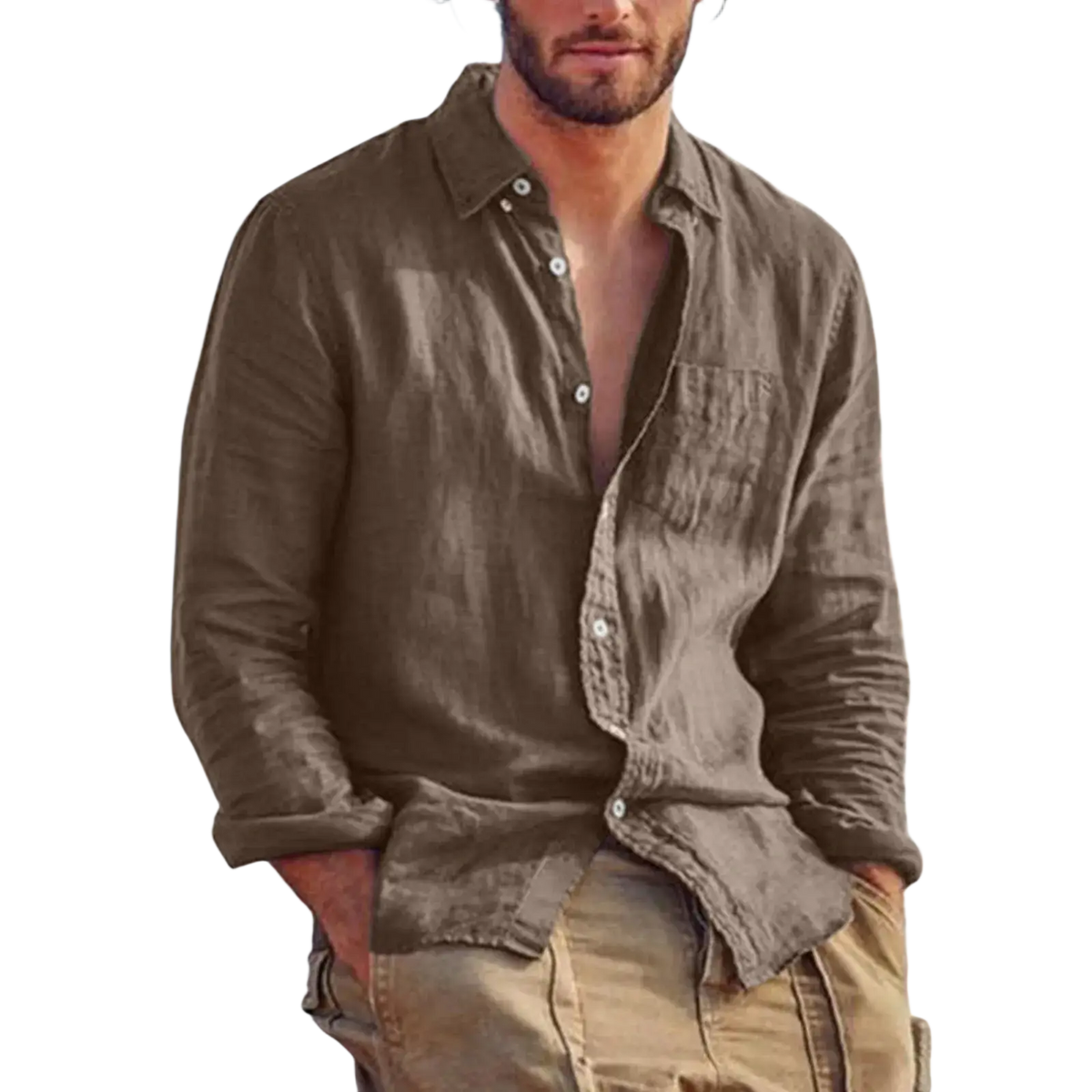 A men linen blend casual shirt in olive green with a relaxed fit, subtle texture, and rolled-up sleeves