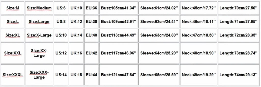 Size chart for men linen blend casual shirt showing measurements for bust sleeve neck and length across regions