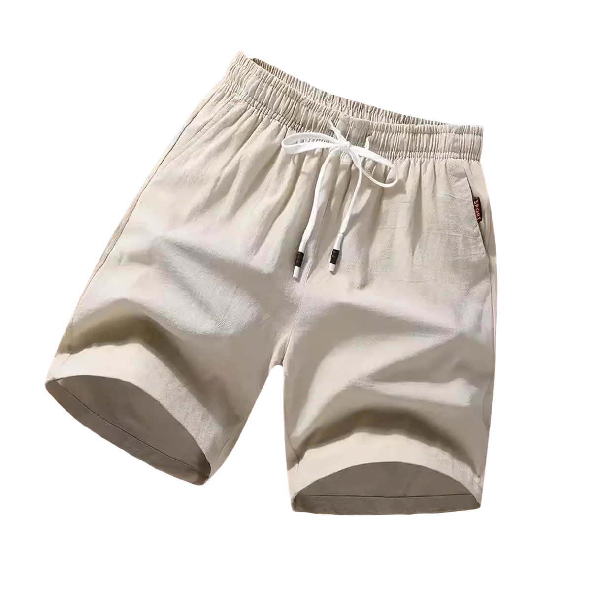 Beige cotton men linen boxer shorts with drawstring waistband and rolled cuffs casual loose summer beach wear