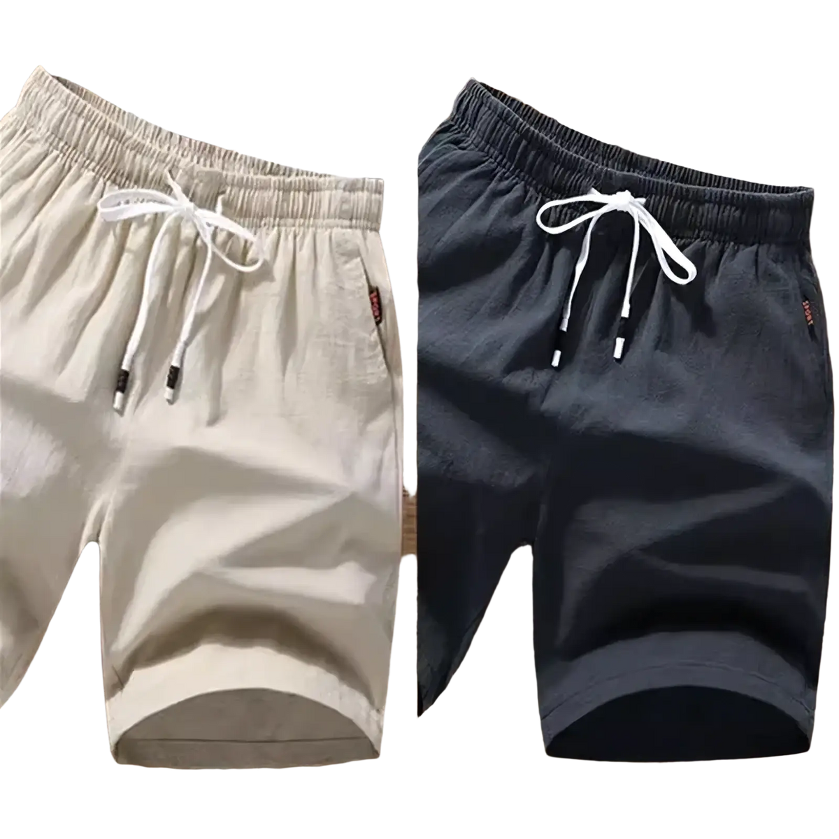 Men linen boxer shorts in beige and dark gray with white drawstring cords made of lightweight fabric for casual summer wear
