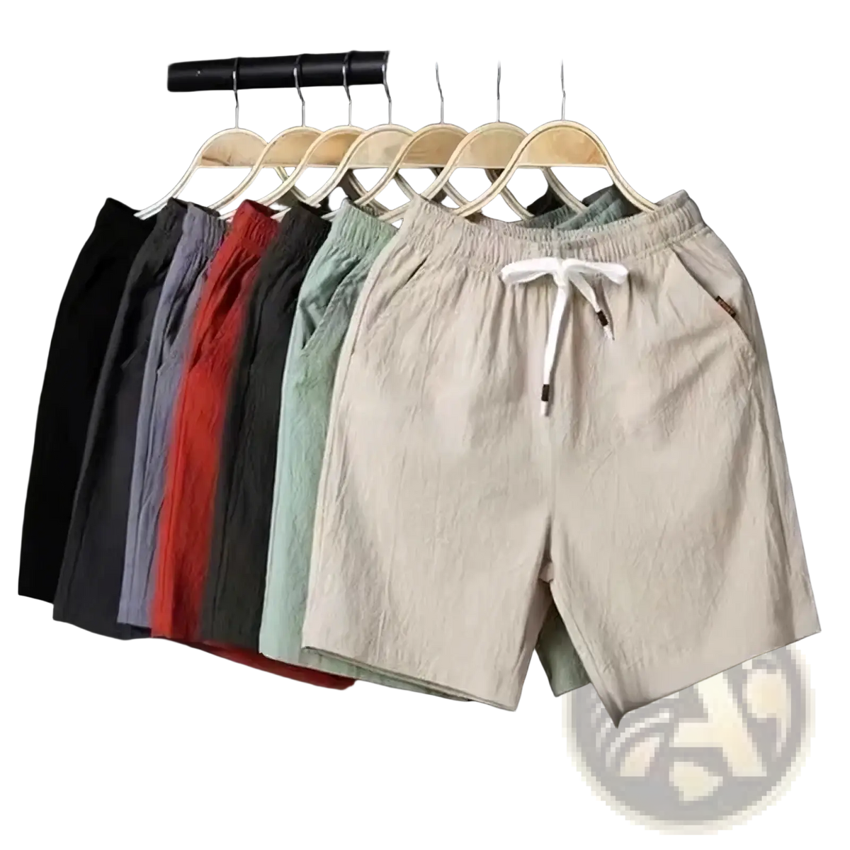 Beige linen men boxer shorts with white drawstring waistband and side pockets casual loose summer beach wear
