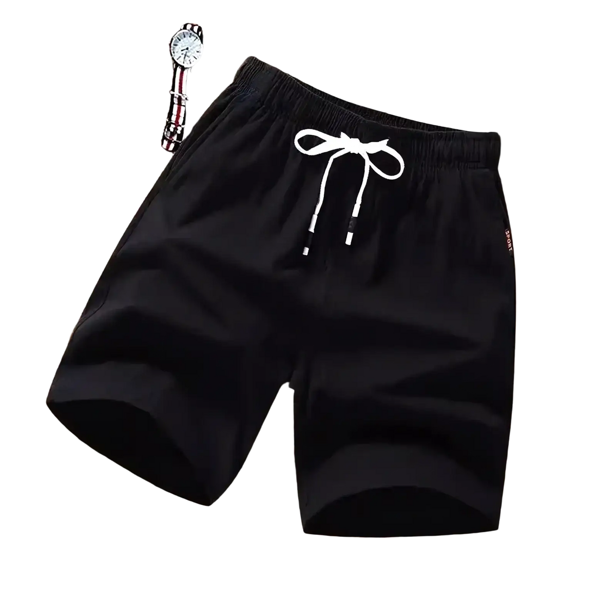 Black linen boxer shorts with elastic waistband and white drawstring ideal for casual summer beach wear