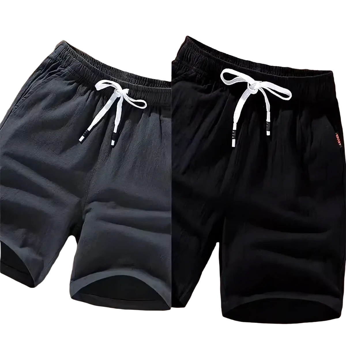 Men linen boxer shorts casual loose summer beach wear in black with white drawstring and red brand tag on the side