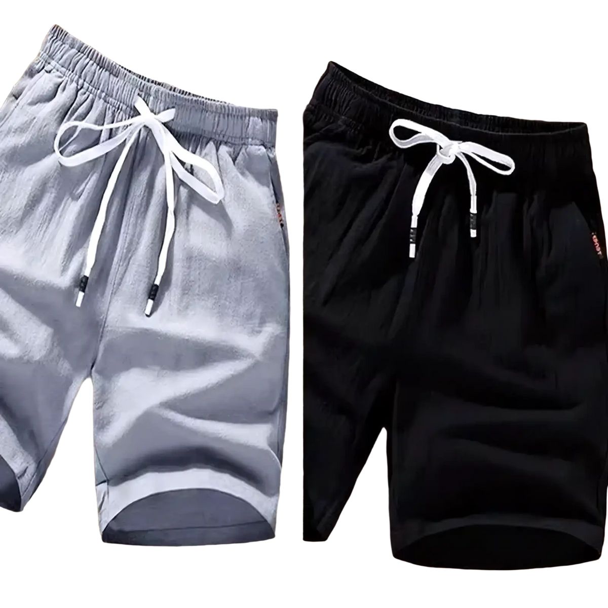 Men linen boxer shorts casual loose summer beach wear in gray and black with white drawstring cord ties