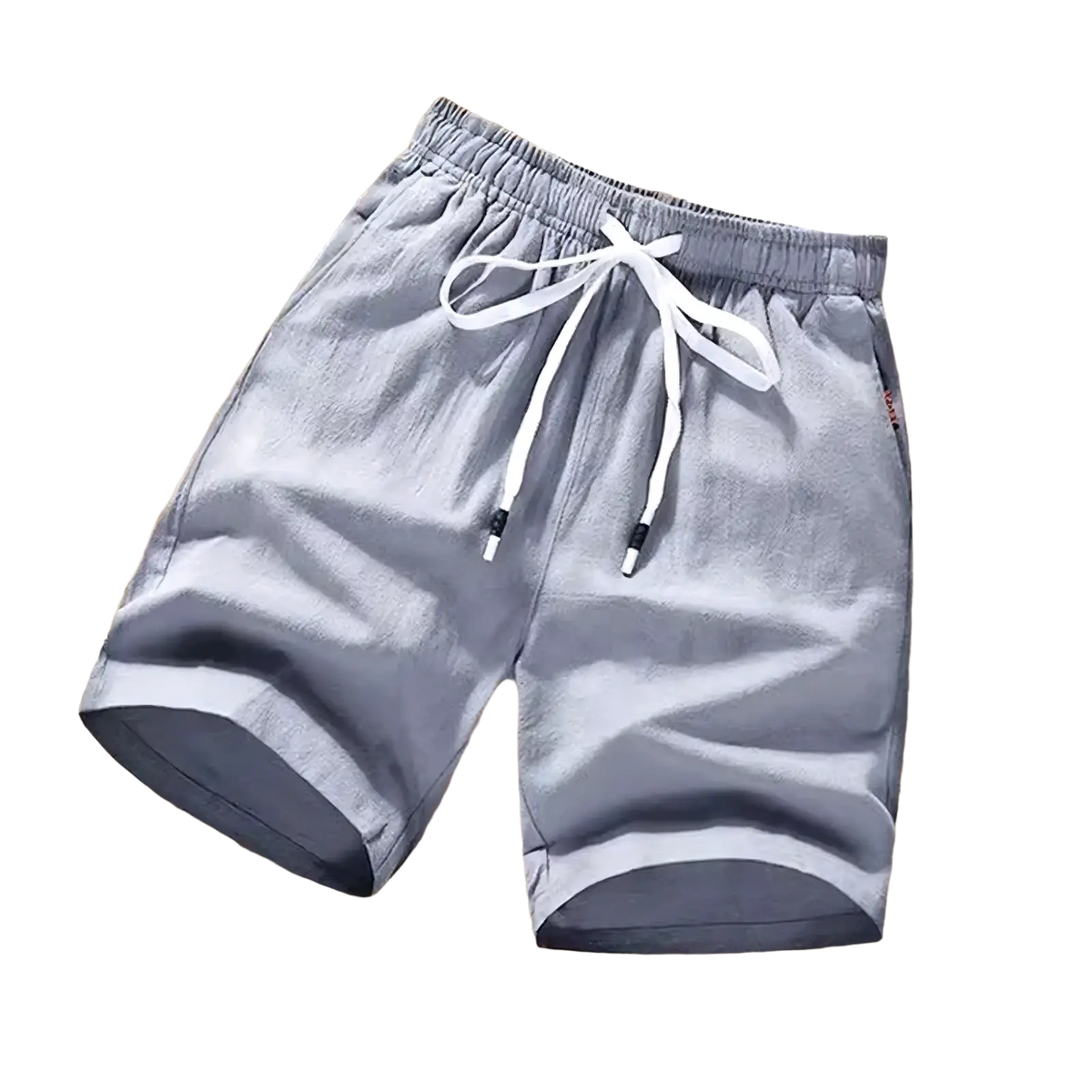 Light gray cotton men linen boxer shorts with white drawstrings and relaxed casual fit for summer beach wear