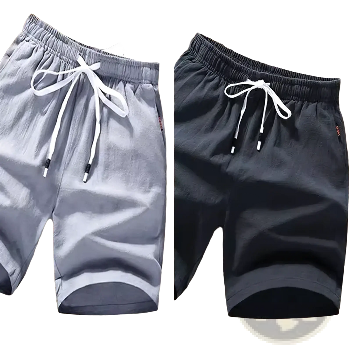 Men linen boxer shorts casual loose summer beach wear in gray and black with white drawstring cords and lightweight fabric