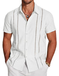 Men linen short sleeve button up shirt in white with black embroidered stripes along front placket and sides