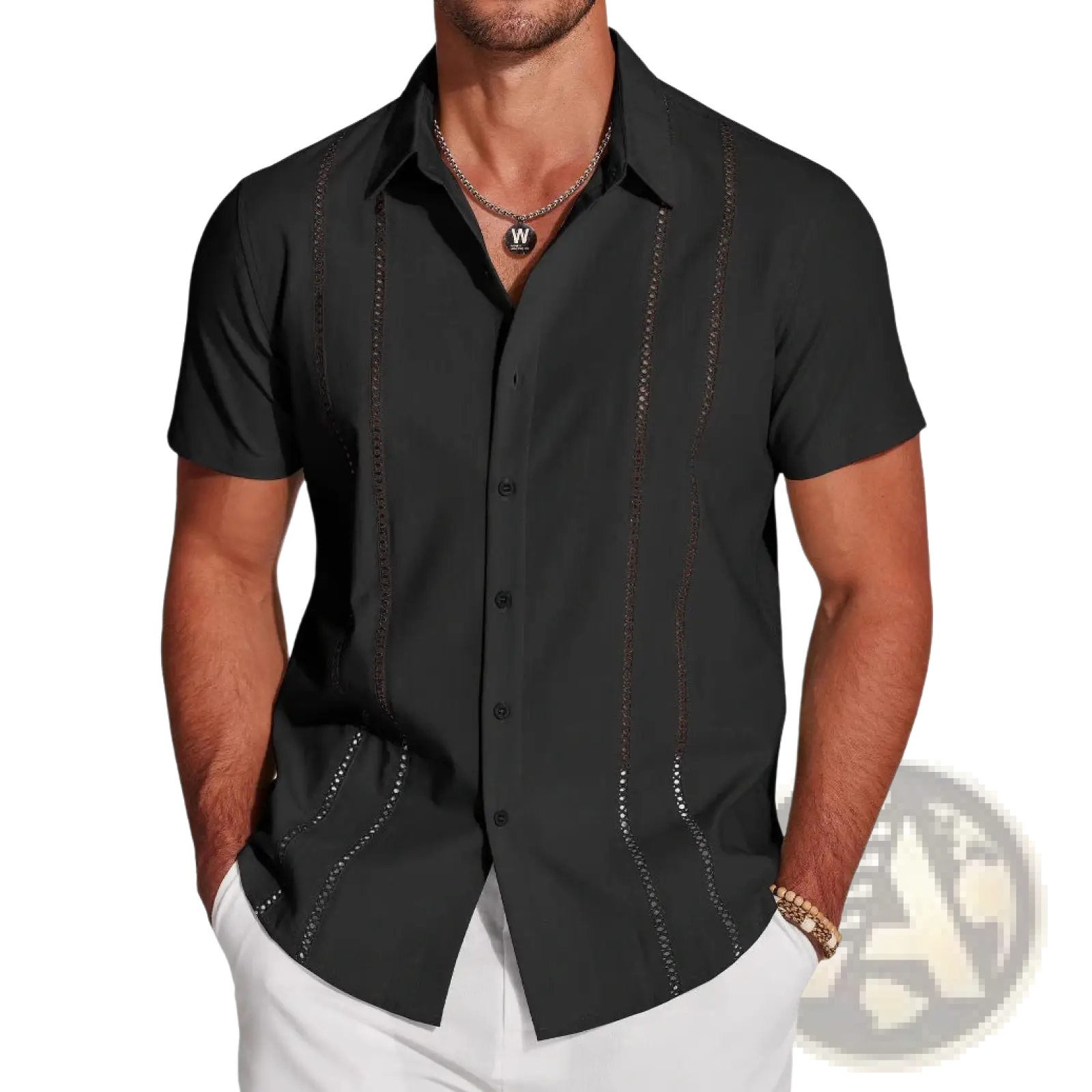 Men linen button up shirt short sleeve casual in black with decorative stitched detailing on front placket and sides