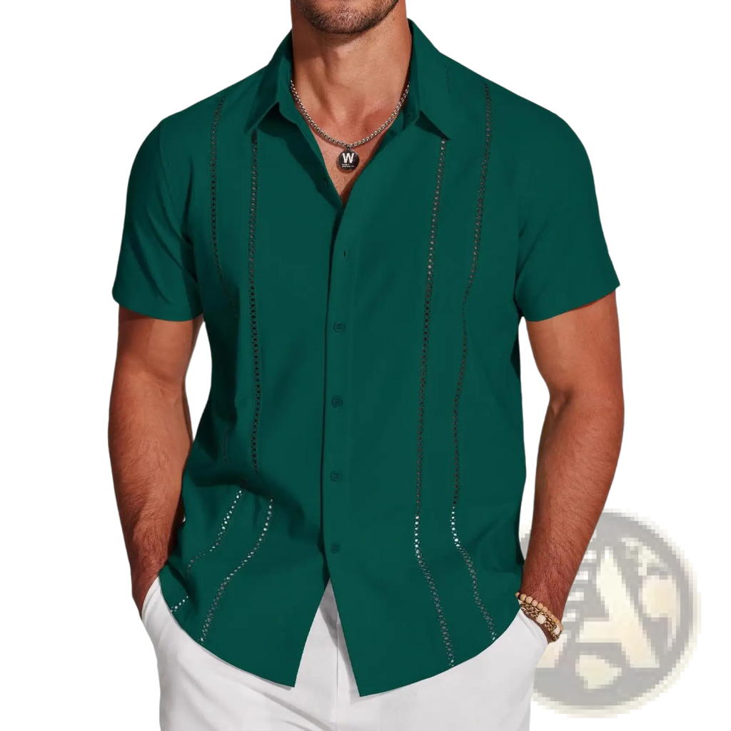 Dark green men linen button up short sleeve shirt with black embroidered detailing on front placket and side seams