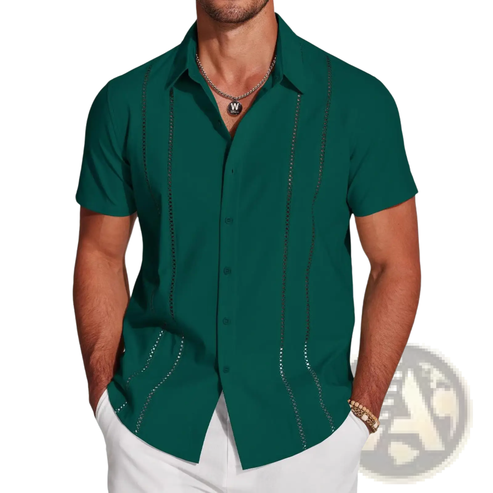 Dark green men linen button up short sleeve shirt with black embroidered detailing on front placket and side seams