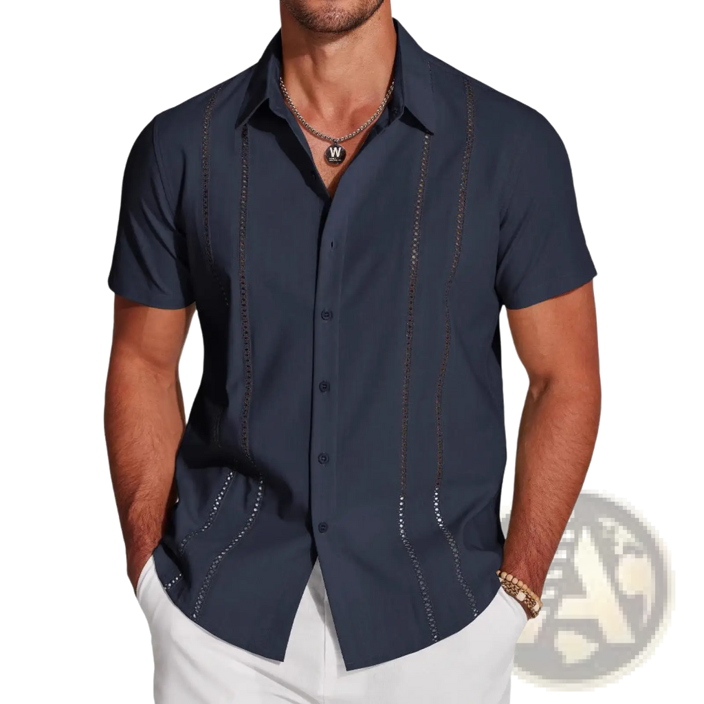 Navy blue men linen button up shirt short sleeve with decorative gold thread stitching on front placket and side seams
