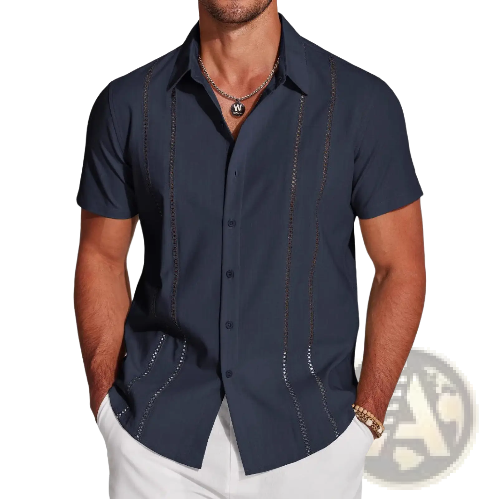 Navy blue men linen button up shirt short sleeve with decorative gold thread stitching on front placket and side seams
