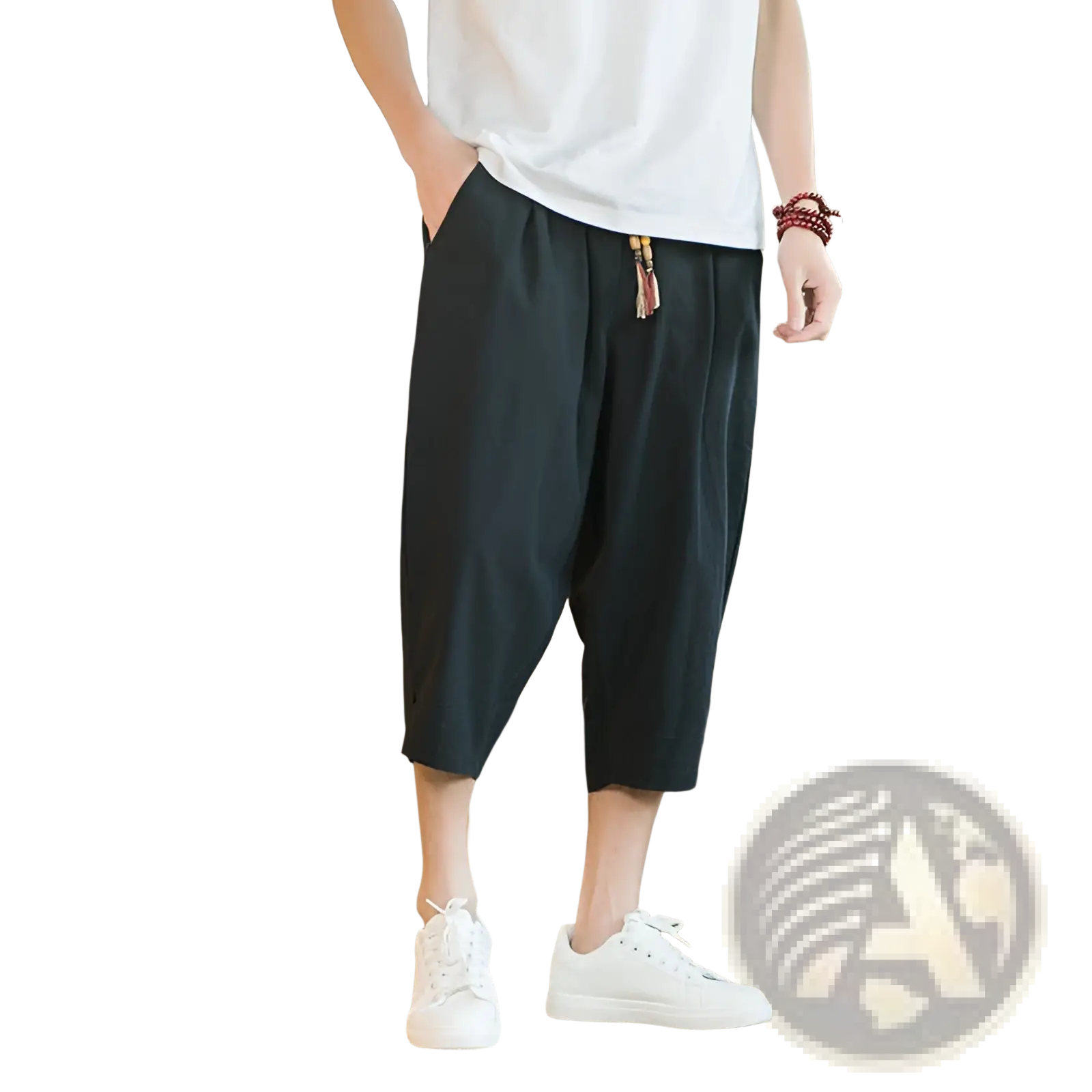 Men linen capri pants in black cotton linen with relaxed fit drawstring waist and tassel detail