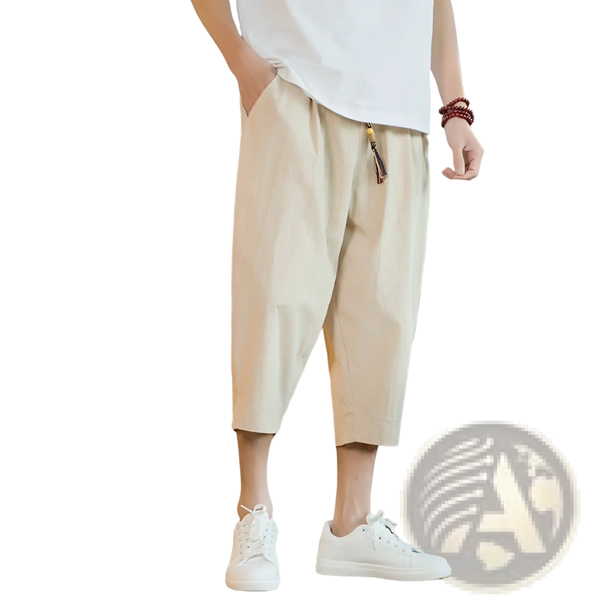 Beige cotton men linen capri pants with relaxed loose fit and drawstring waistband for comfortable wear