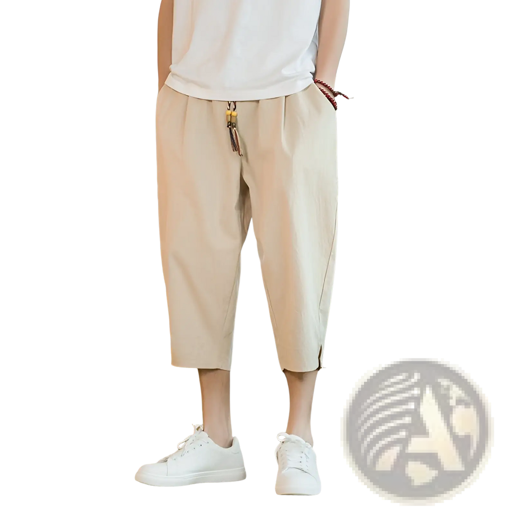 Beige men linen capri pants with a relaxed fit, drawstring waist, and side slits in linen-like fabric