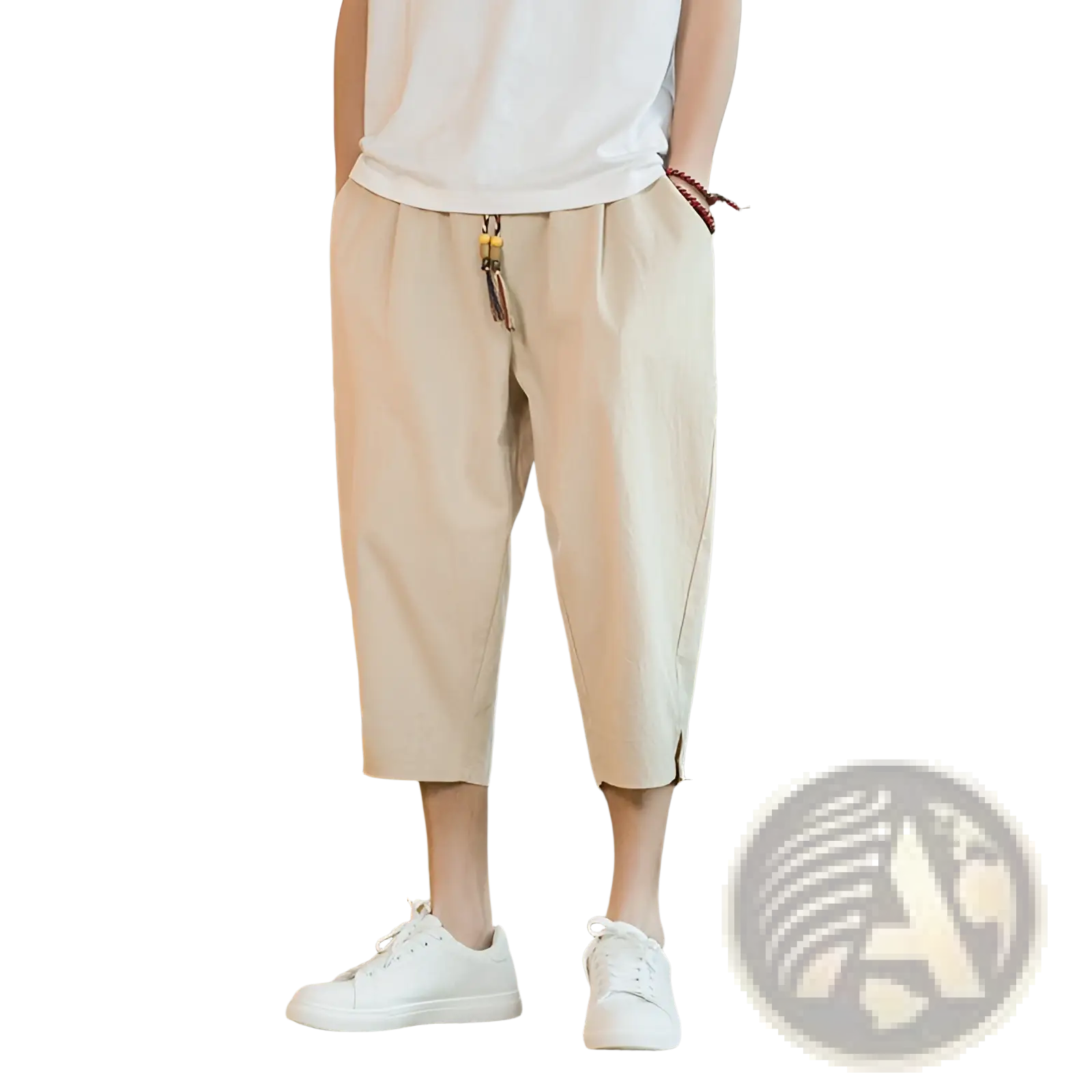 Beige men linen capri pants with a relaxed fit, drawstring waist, and side slits in linen-like fabric