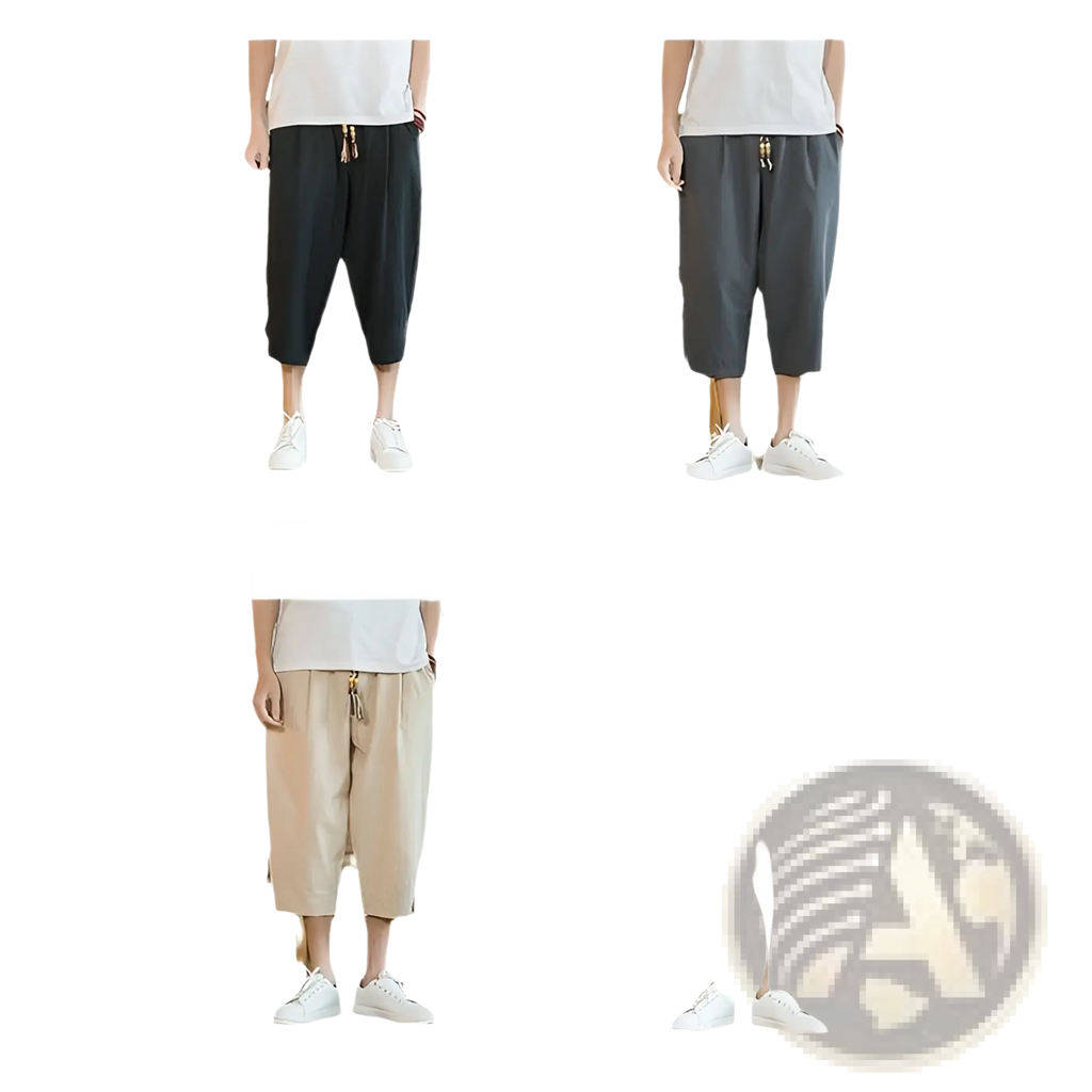Men linen capri pants in black gray and beige with a relaxed fit and drawstring waistbands