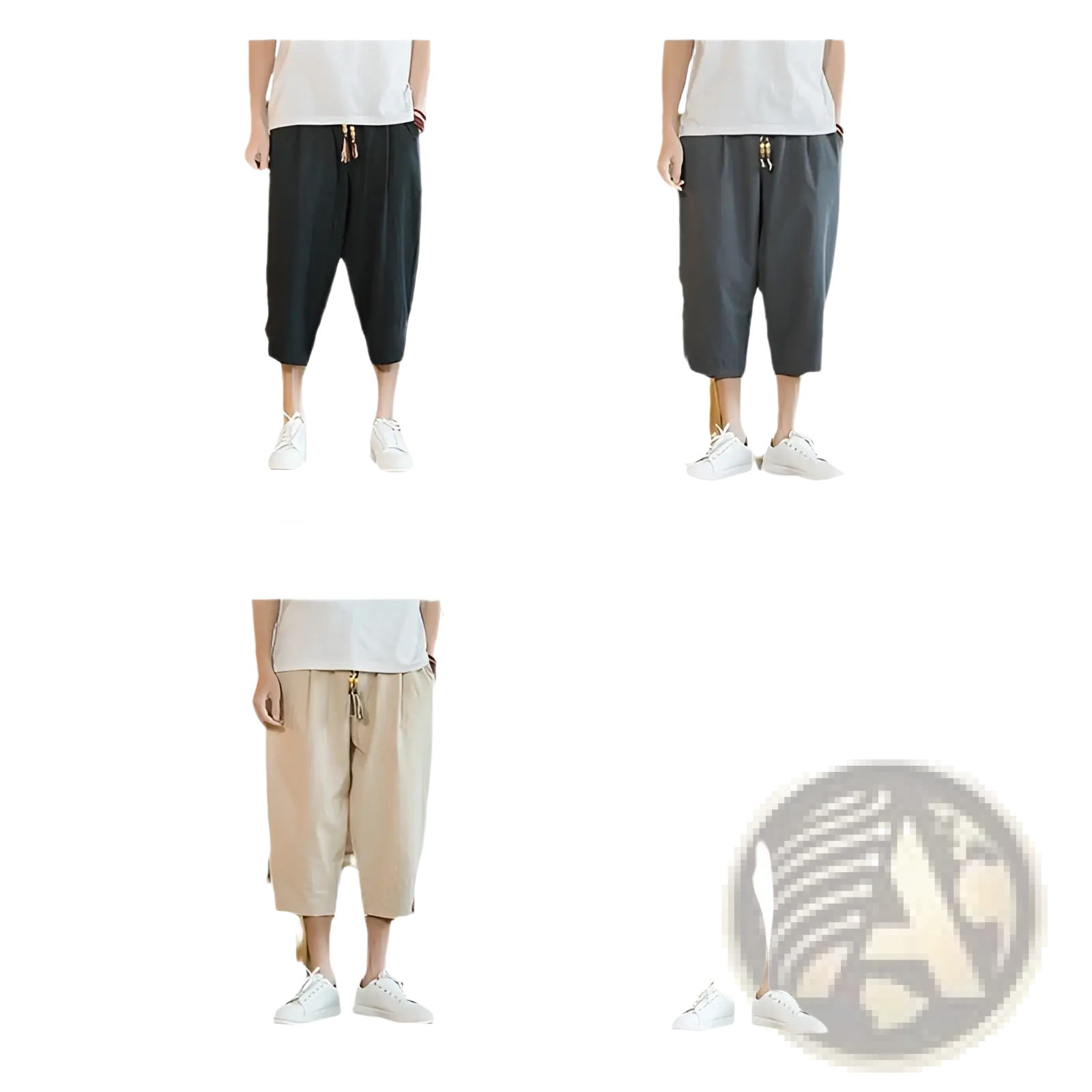 Men linen capri pants in black gray and beige with a relaxed fit and drawstring waistbands