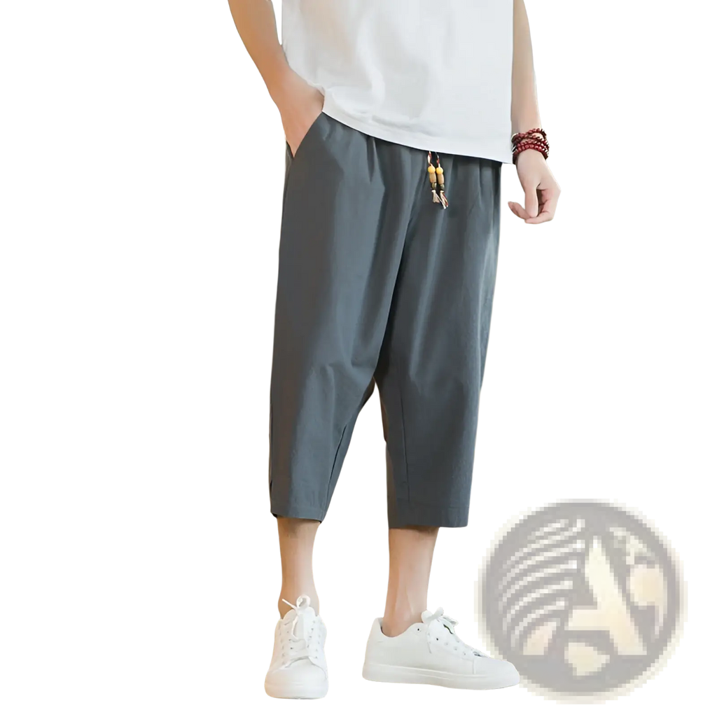Men linen capri pants in gray cotton with a relaxed fit and subtle side pockets for comfortable wear