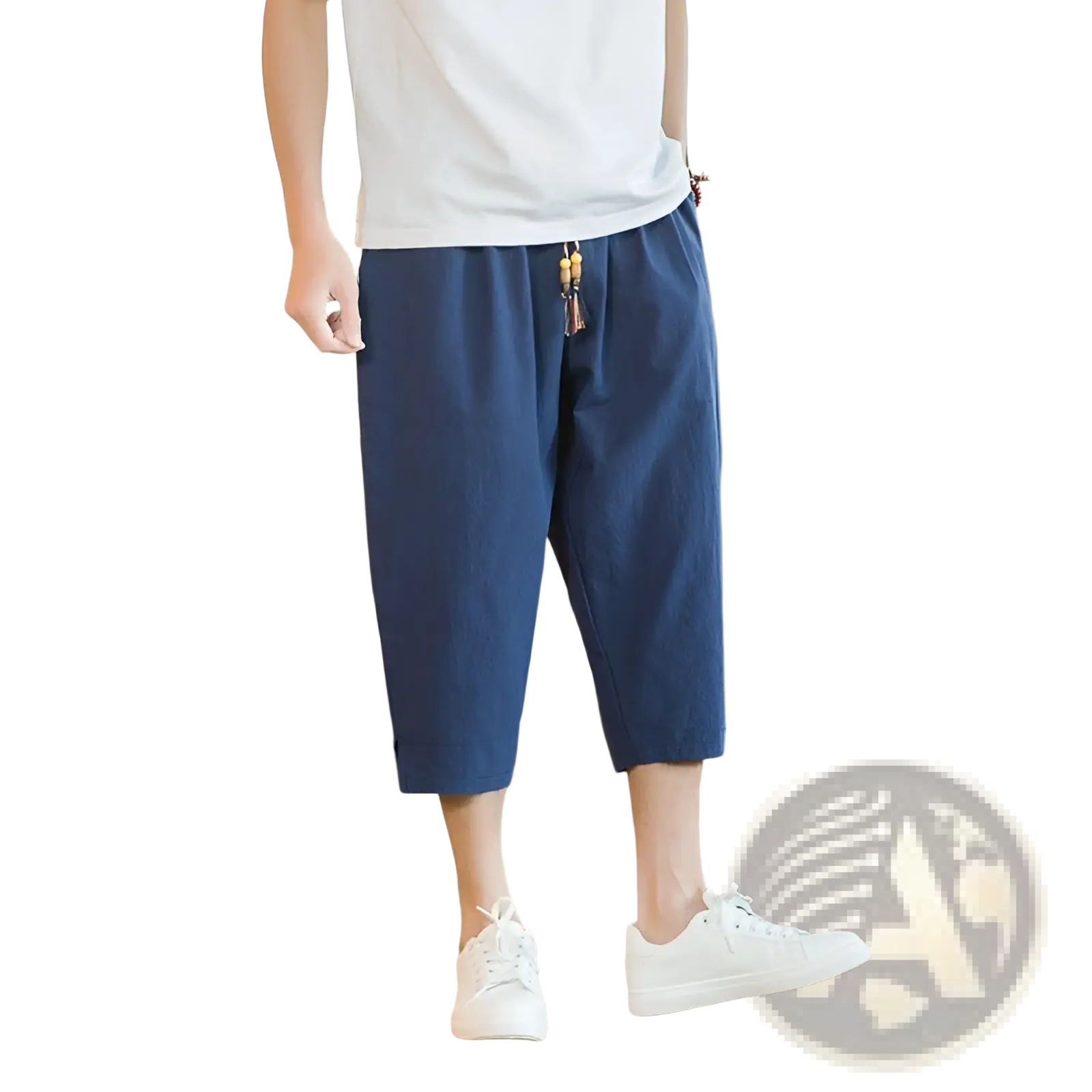 Men linen capri pants in navy blue cotton with relaxed fit and decorative tassel drawstring waistband detail