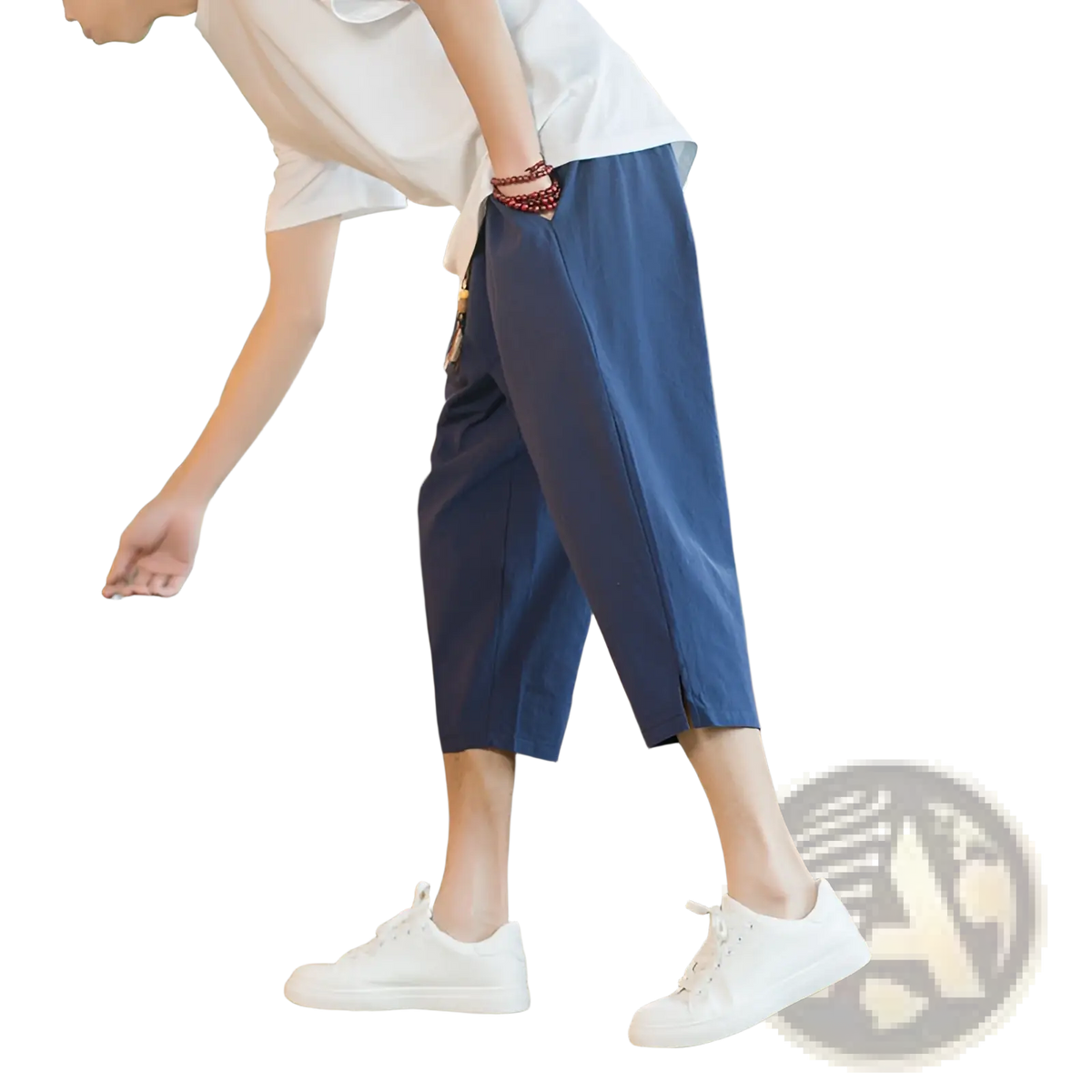 Blue cotton linen wide-leg men linen capri pants with relaxed fit and drawstring for casual comfort
