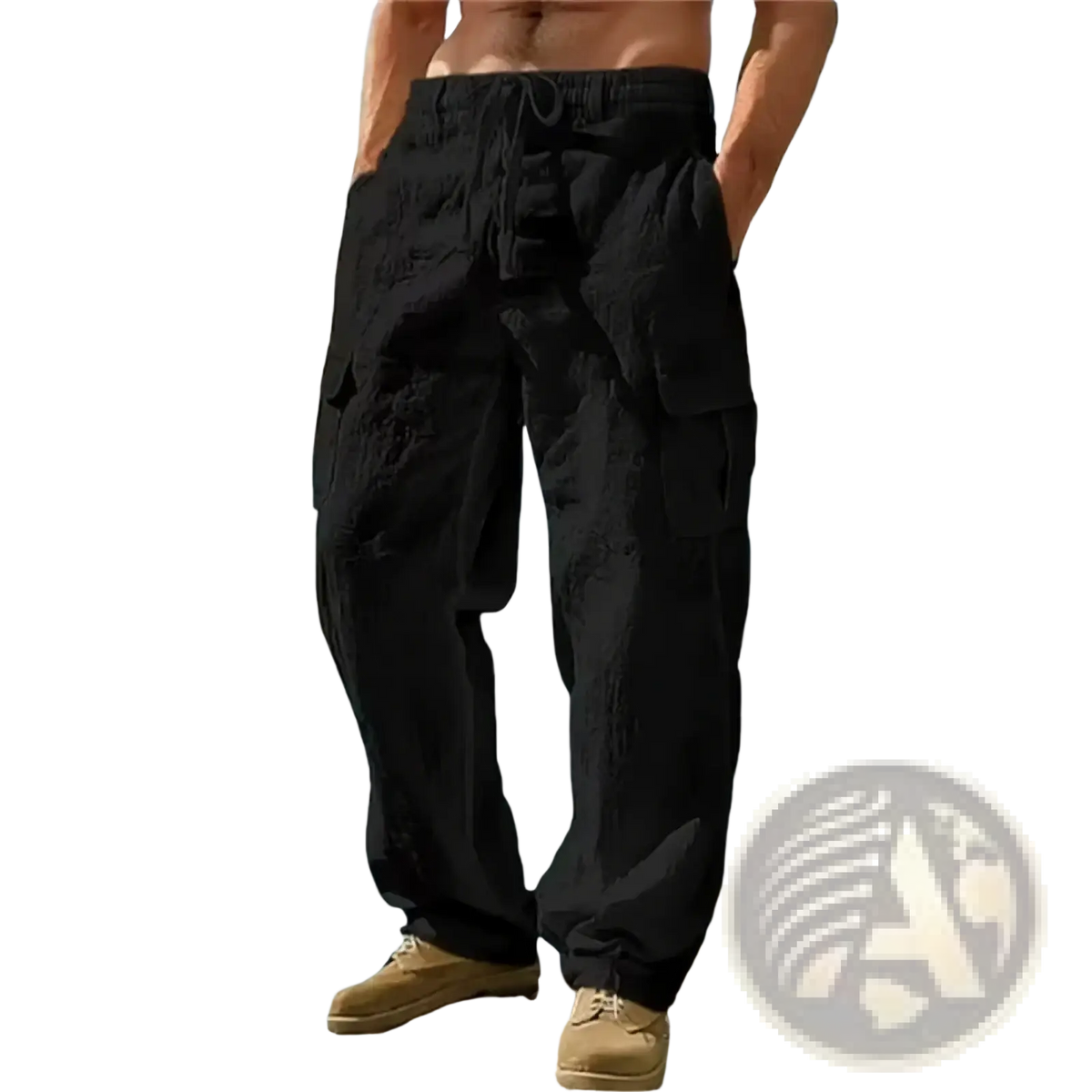 Men linen cargo pants in black with a drawstring waist multiple pockets and textured fabric for casual wear