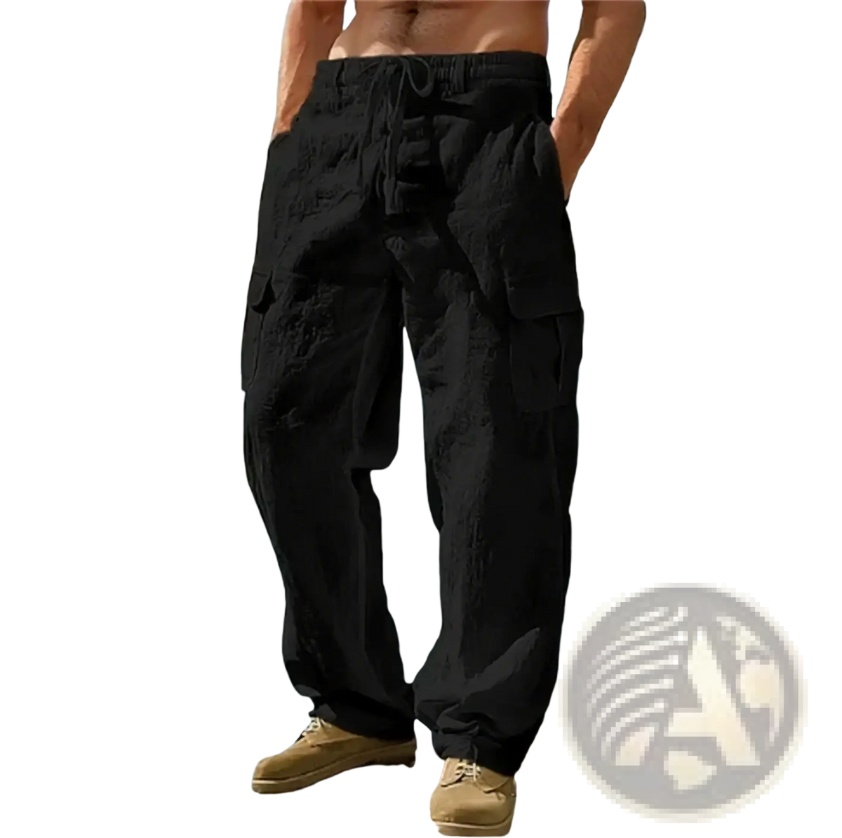 Men linen cargo pants in black with multiple pockets and a drawstring waistband for casual loose wear