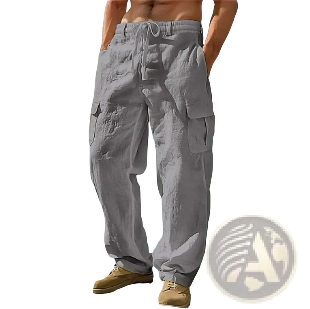 Men linen cargo pants casual loose trousers in light gray textured fabric with multiple pockets and elastic waistband