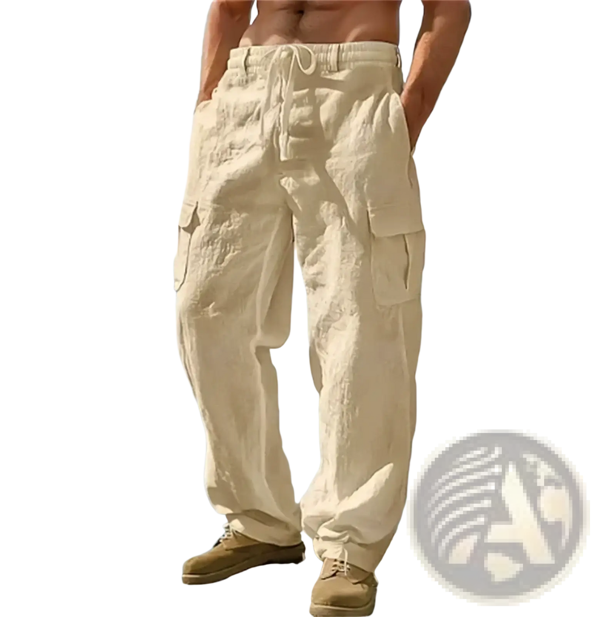 Beige men linen cargo pants with multiple pockets and a drawstring waistband casual loose trousers