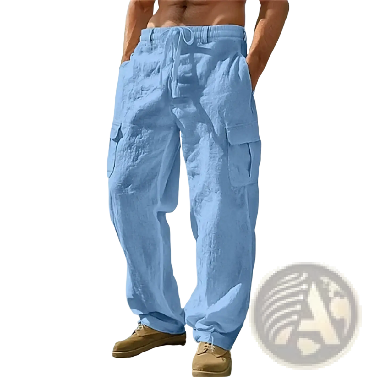 Men linen cargo pants casual loose trousers in light blue with multiple pockets and a drawstring waistband