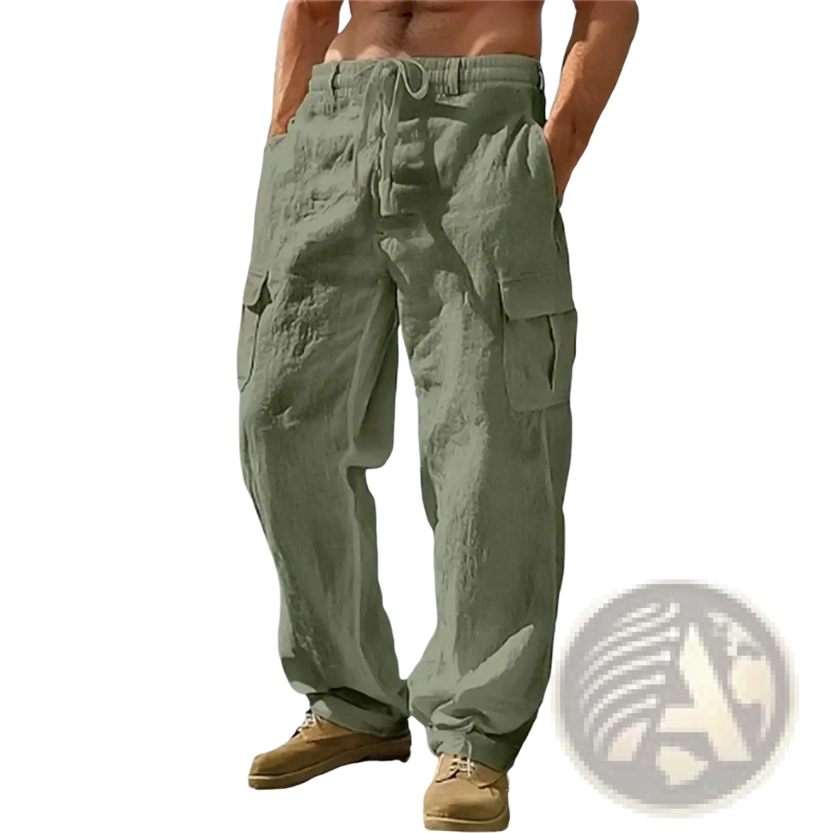 Olive green linen cargo pants with multiple pockets and drawstring waistband for casual loose wear
