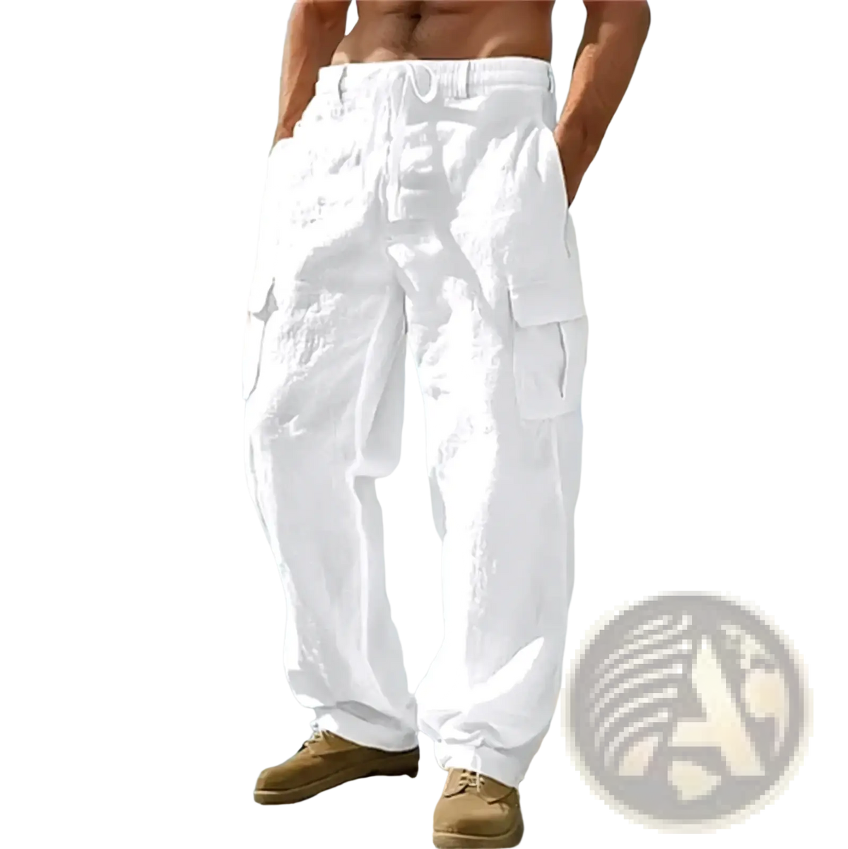 Men linen cargo pants in white featuring multiple pockets and a drawstring waistband for casual wear