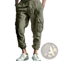 Olive green linen cargo pants with drawstring waist and cuffed ankle featuring multiple pockets for men