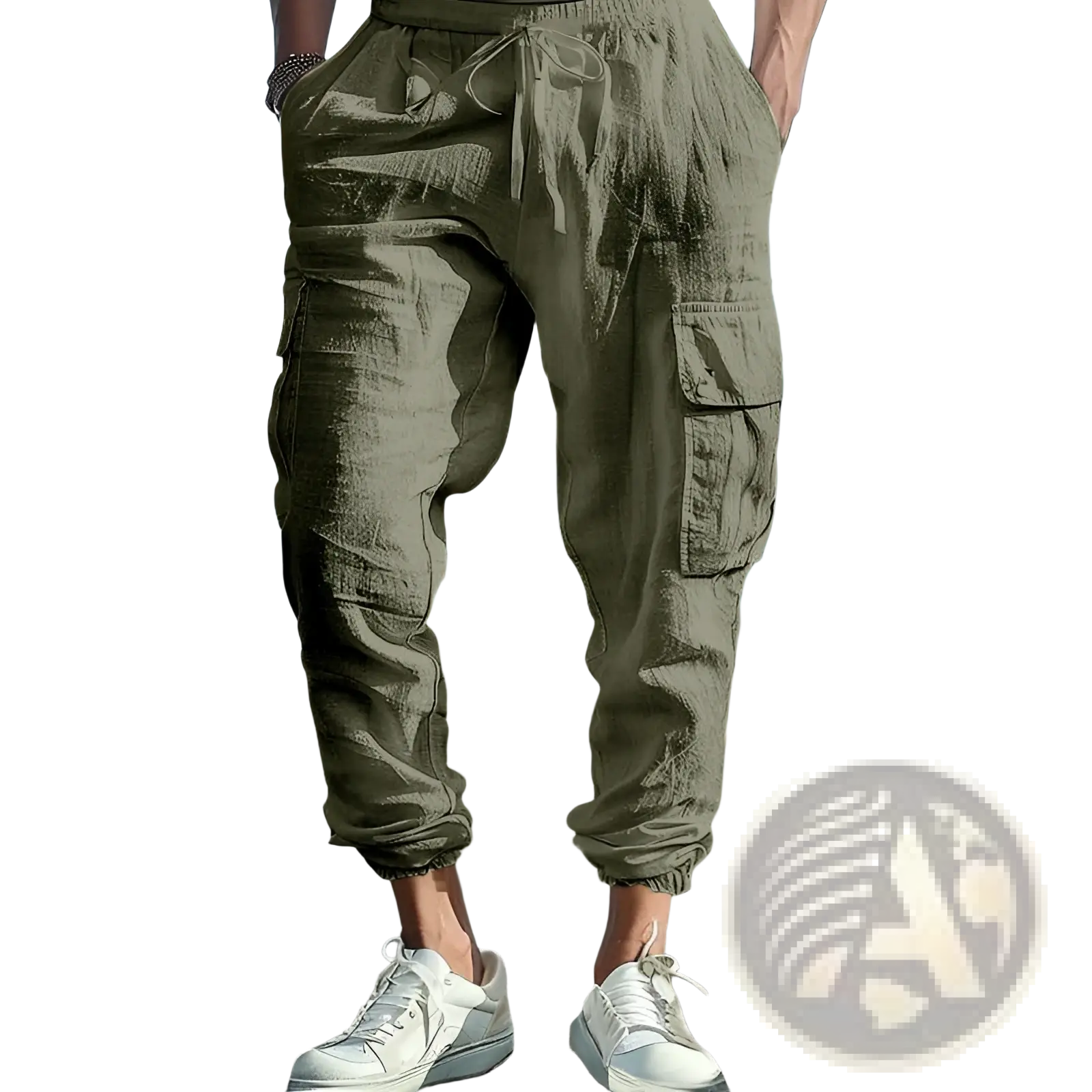 Olive green linen cargo pants with drawstring waist and cuffed ankle featuring multiple pockets for men