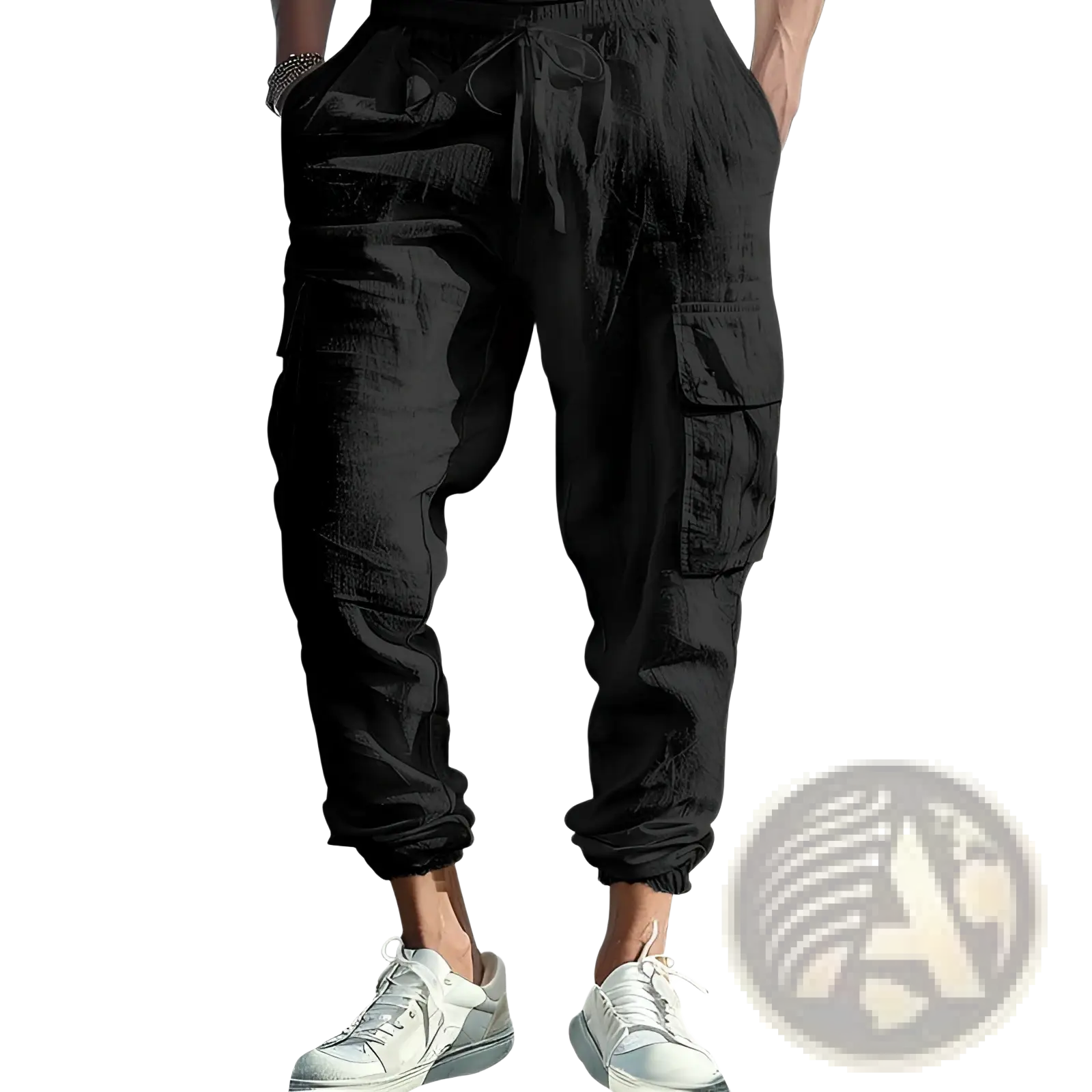 Men linen cargo pants in black with multiple pockets and a drawstring waistband for a cuffed ankle fit