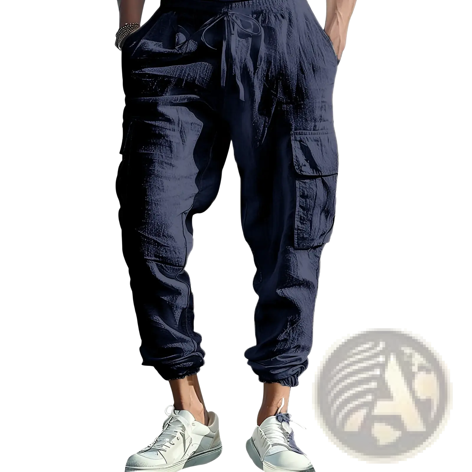 Dark navy men linen cargo pants with multiple pockets and drawstring waistband for a comfortable fit