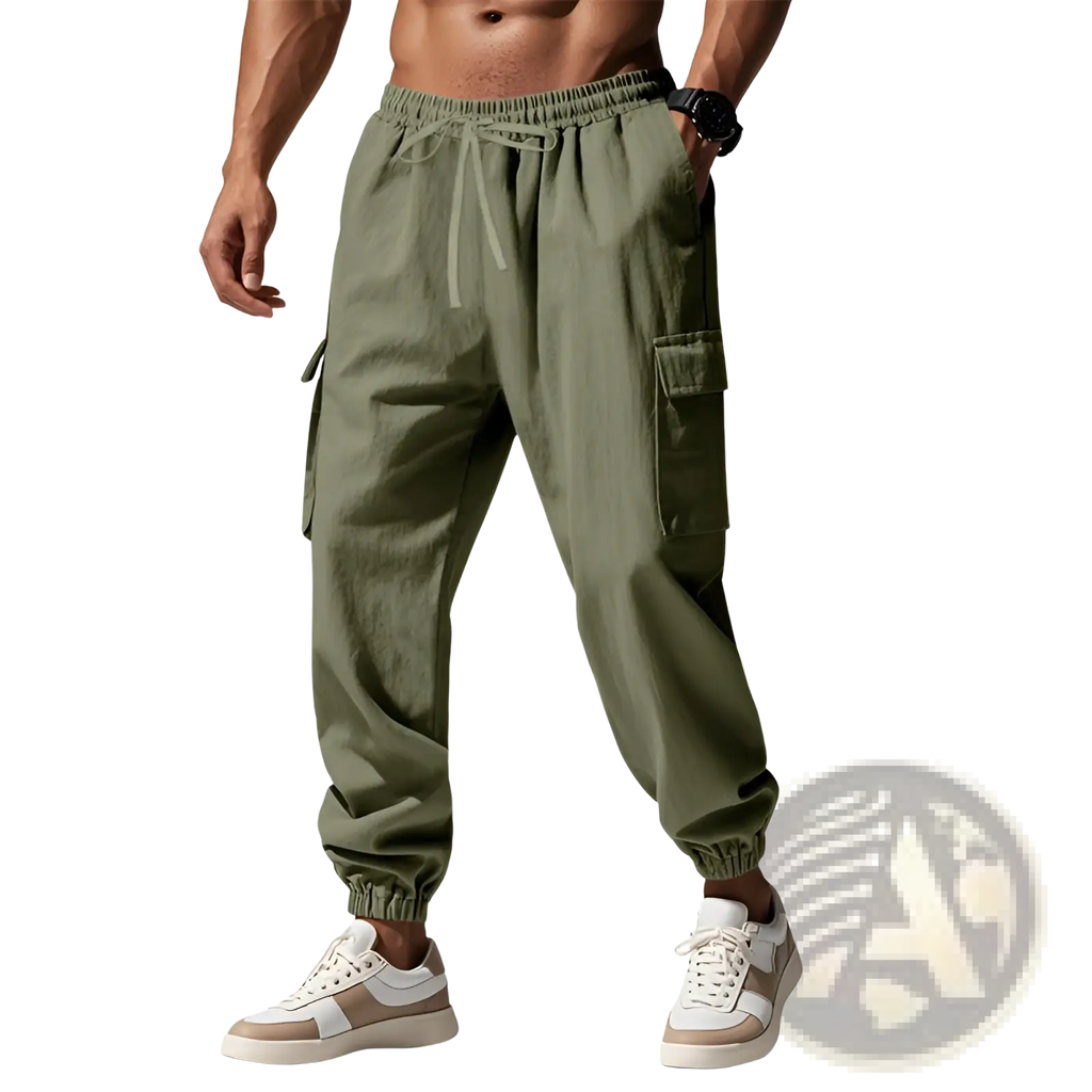 Men linen cargo pants in olive green with elastic waistband drawstring side pockets and cuffed ankles shown from the back