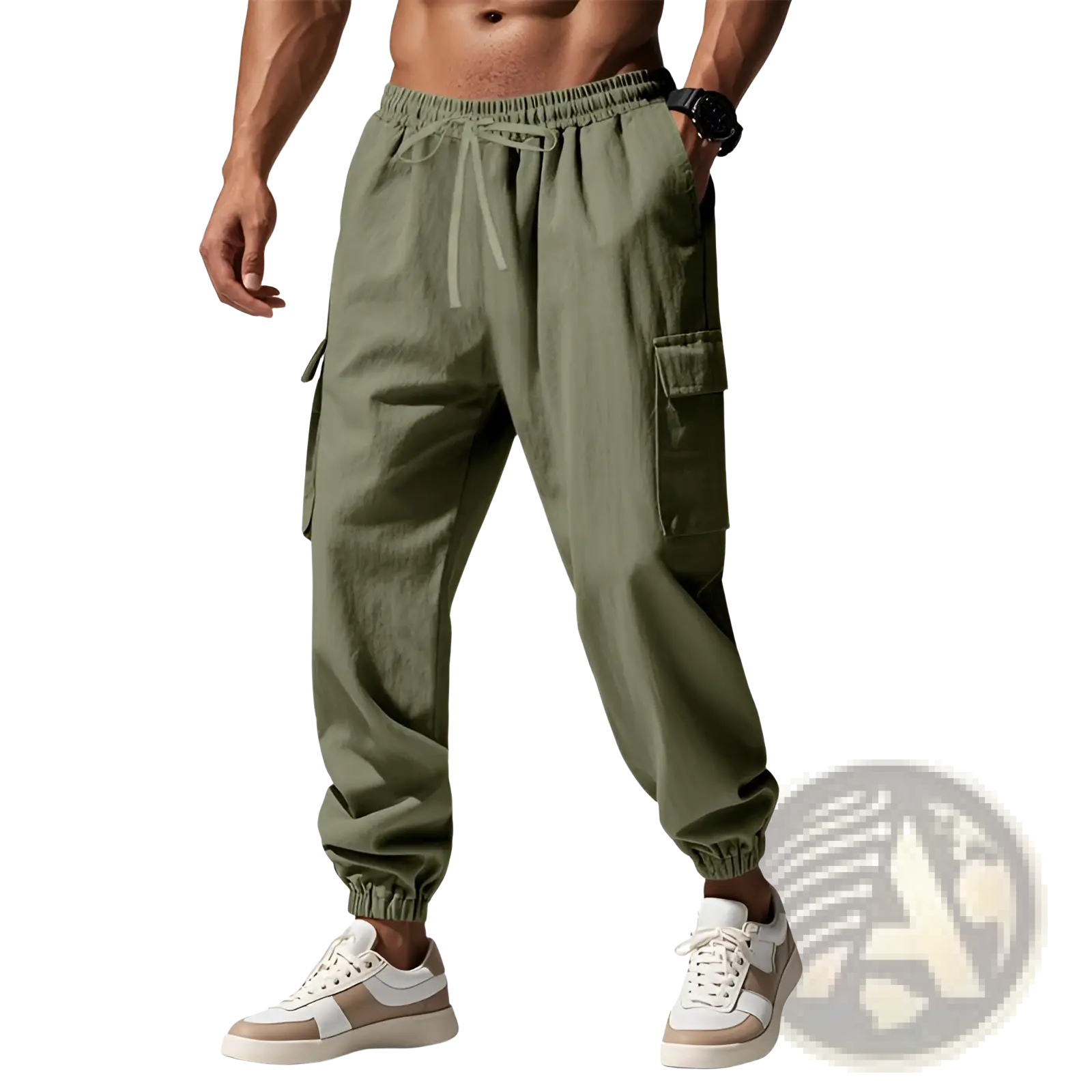 Men linen cargo pants in olive green with elastic waistband drawstring side pockets and cuffed ankles shown from the back