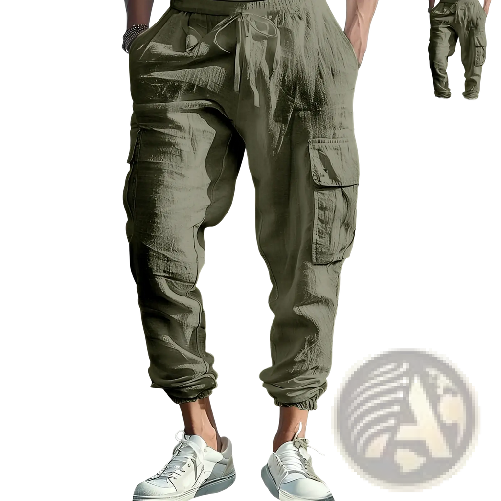 Olive green men linen cargo pants with multiple pockets and drawstring cuffed ankle waistband front view