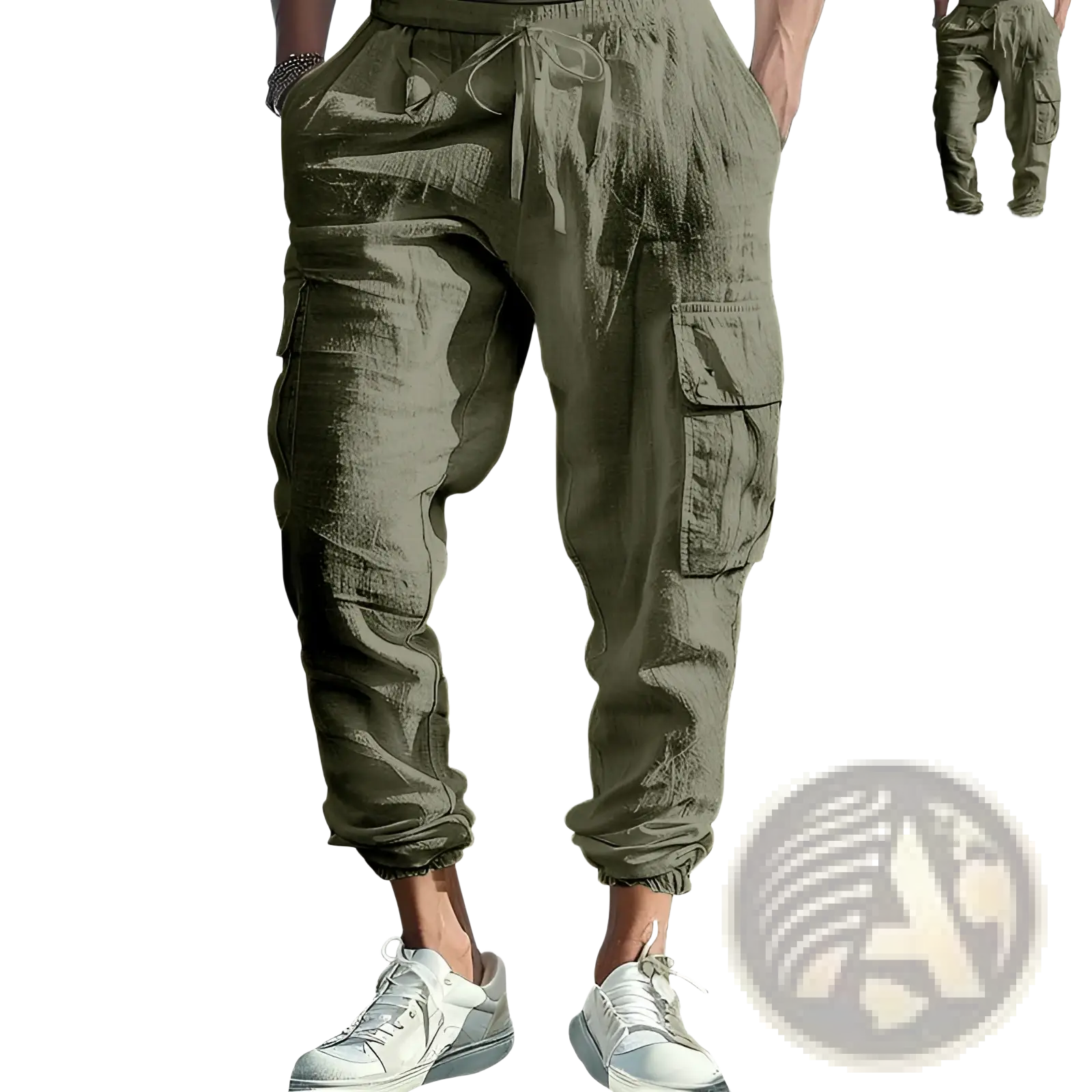 Olive green men linen cargo pants with multiple pockets and drawstring cuffed ankle waistband front view
