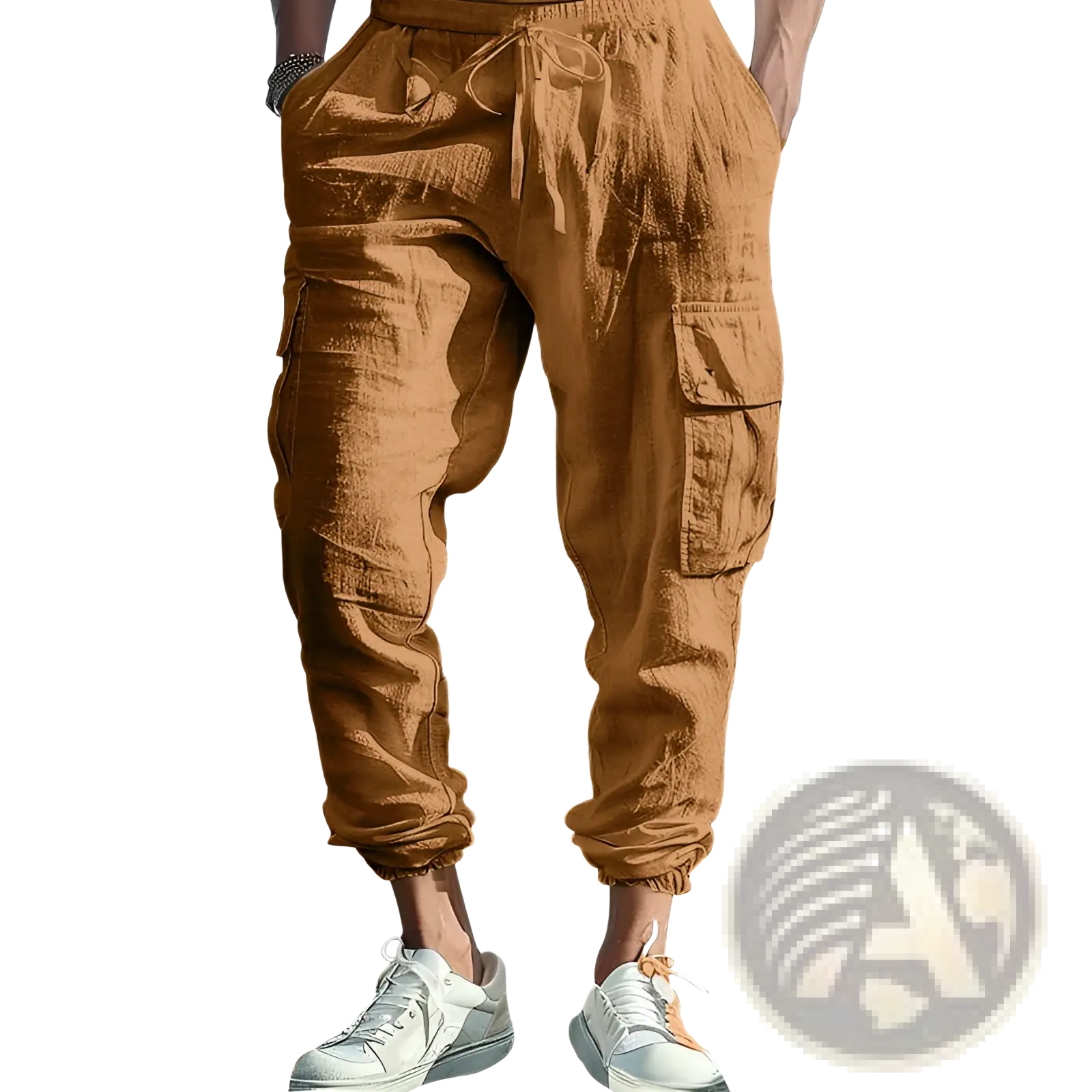 Tan linen men cargo pants with multiple pockets and a drawstring waistband featuring cuffed ankles