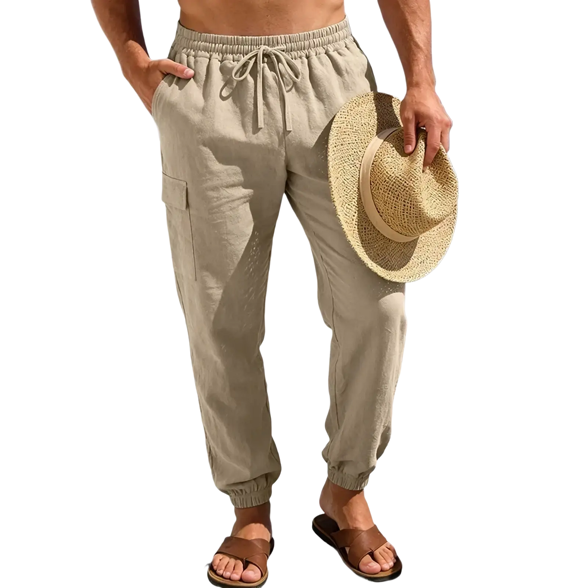 Beige linen cargo pants with drawstring waist and elastic cuffs designed for men tactical hiking trousers