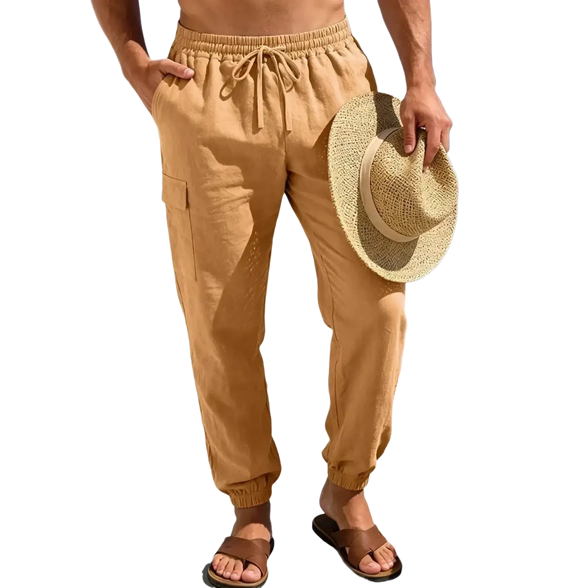 Beige linen cargo pants with drawstring waist and elastic cuffs designed for tactical hiking and outdoor use