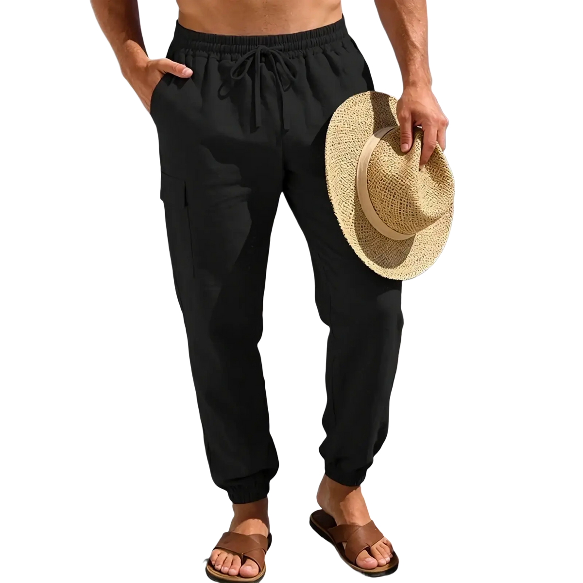 Men linen cargo pants in black with drawstring waist elastic cuffs and side pockets for tactical hiking use