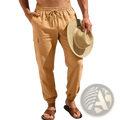 Beige men linen cargo pants with elastic waistband drawstring and side pockets for tactical hiking use