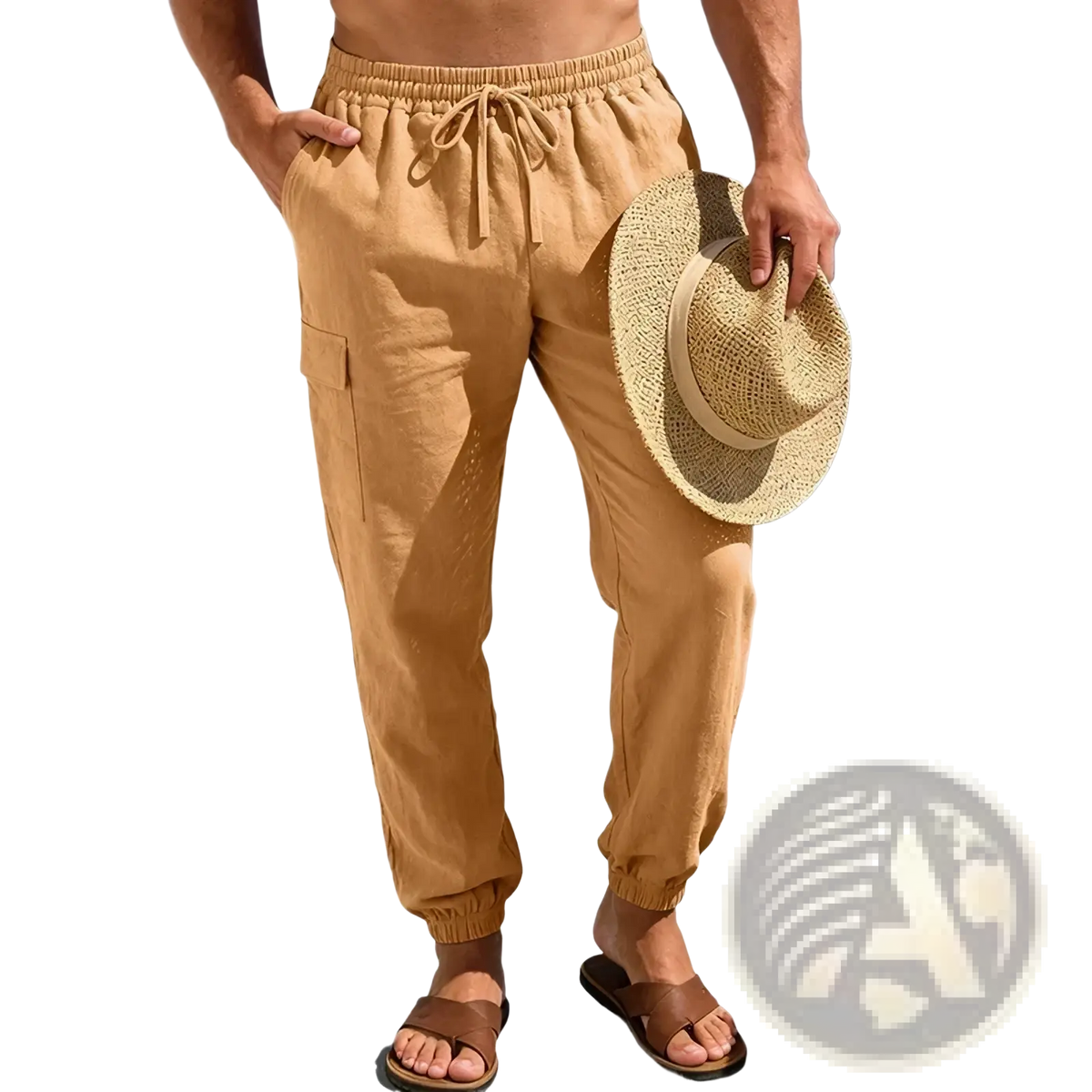 Beige men linen cargo pants with elastic waistband drawstring and side pockets for tactical hiking use