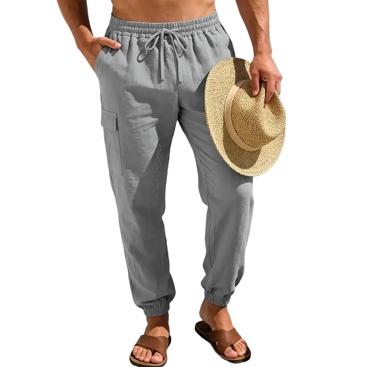 Gray linen cargo pants with drawstring waist elastic cuffs and side pockets for tactical hiking use