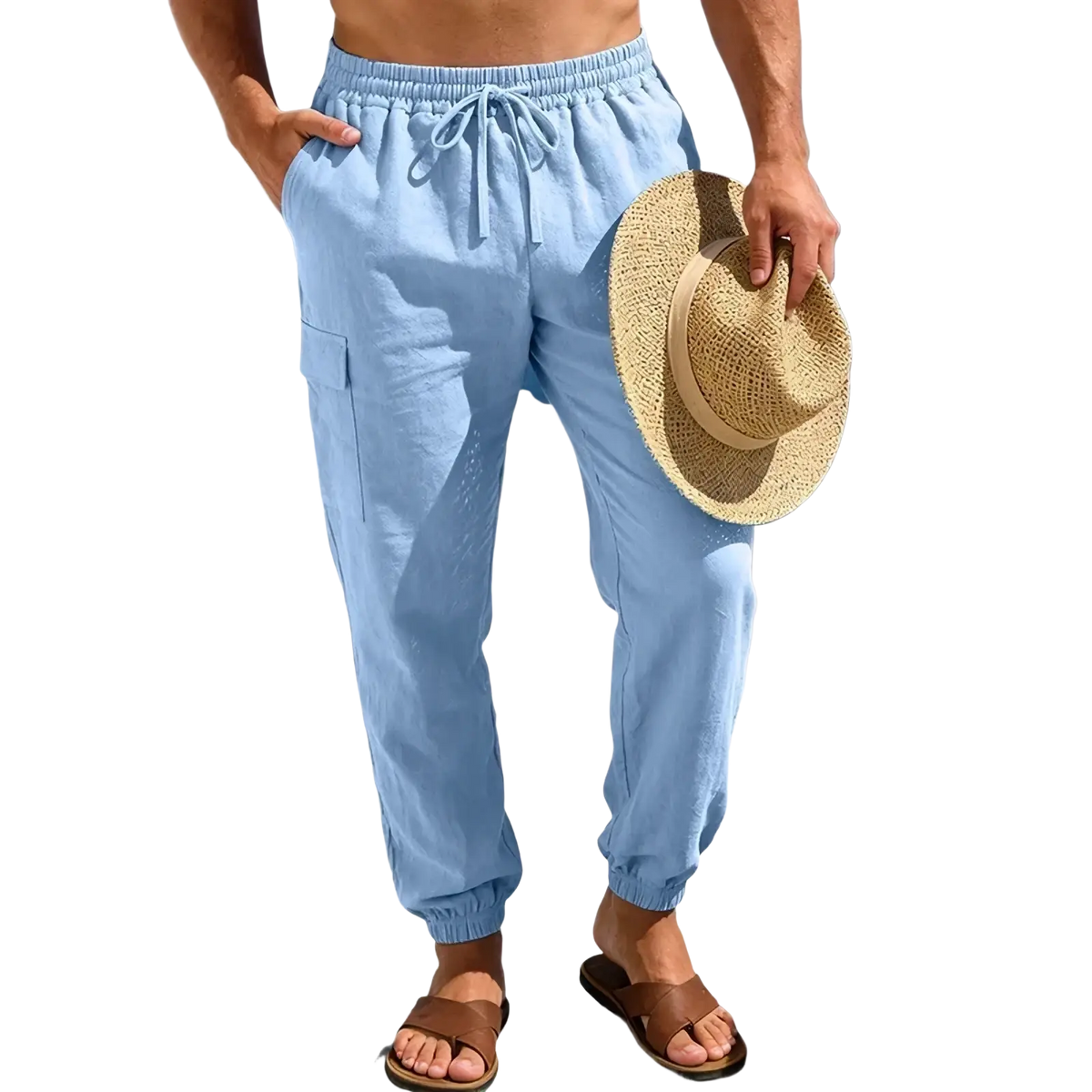 Light blue loose-fitting linen cargo pants with elastic waistband and drawstring for tactical hiking use