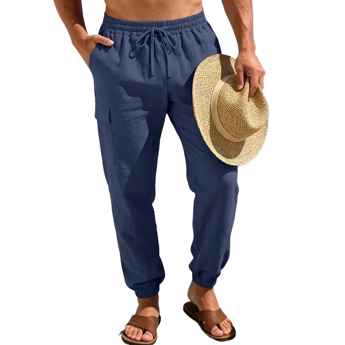 Navy blue men linen cargo pants with drawstring waist elastic cuffs and side pockets tactical hiking trousers