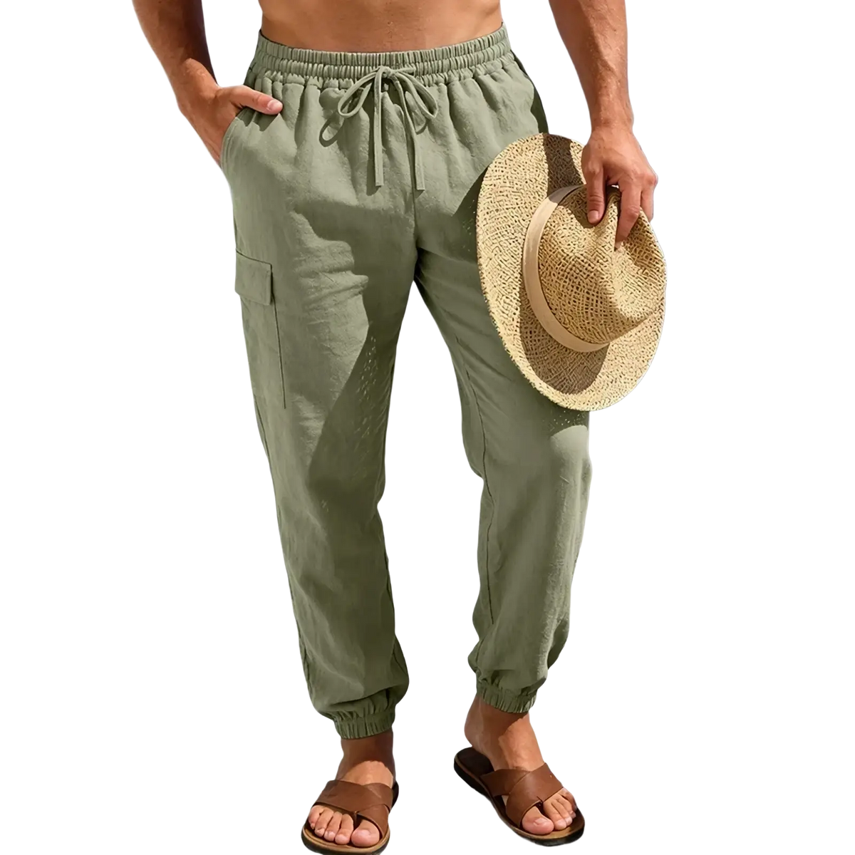 Olive green men linen cargo pants with drawstring waist elastic cuffs and side pockets for tactical hiking use